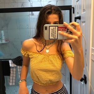 BRANDY MELVILLE Yellow Gingham Off Shoulder Top